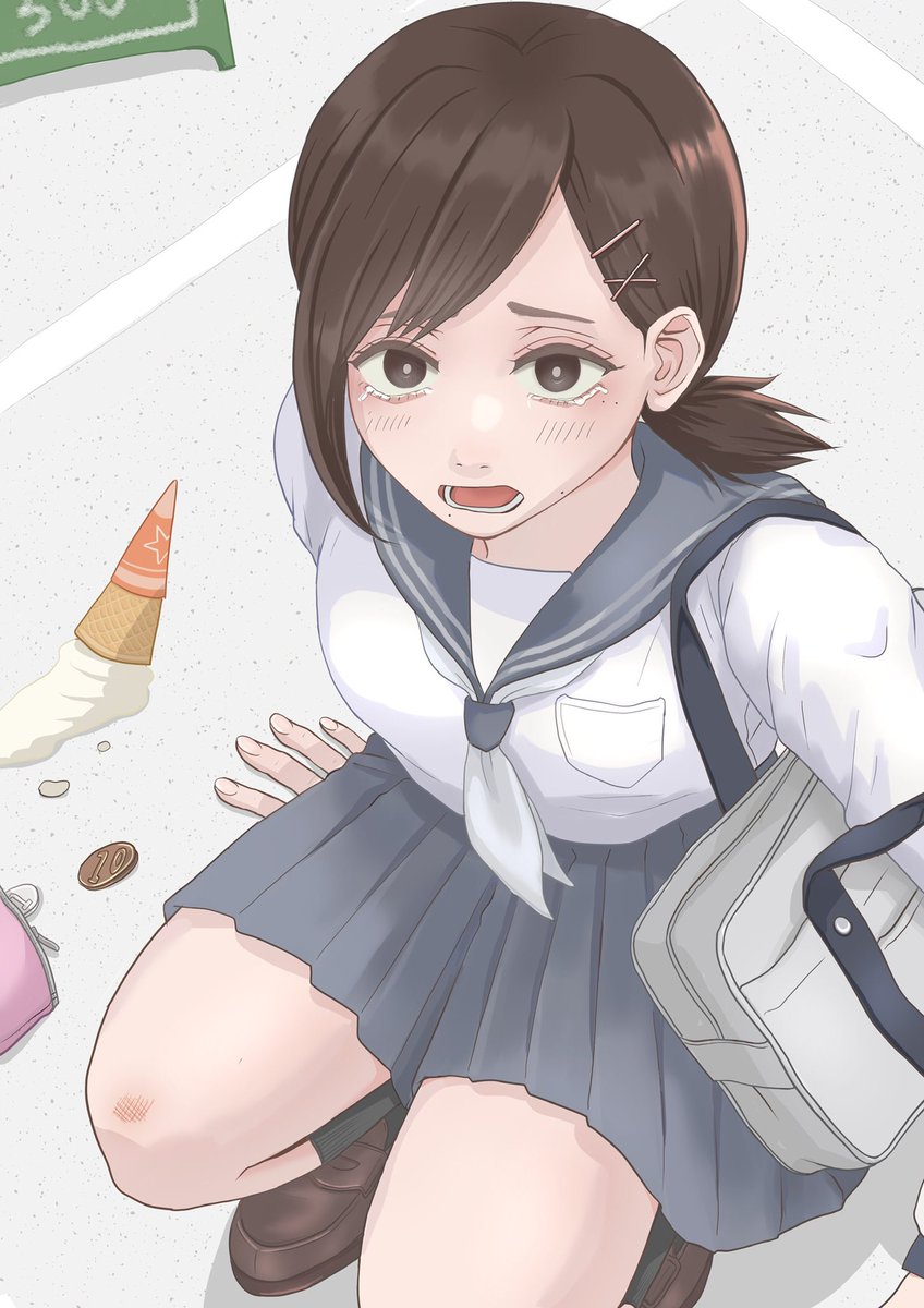 higashiyama kobeni 1girl ice cream solo mole school uniform hair ornament hairclip  illustration images
