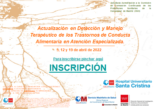 BelenUnzeta's tweet photo. ACTUALIZACIÓN EN DETECCIÓN Y MANEJO TERAPÉUTICO DE LOS TRASTORNOS DE CONDUCTA ALIMENTARIA EN ATENCIÓN HOSPITALARIA. 

Los próximos días 5, 12 y 19 de abril de 2022, de 9:00 a 14:30 horas, tendremos una nueva edición de este curso. Vía ZOOM.
#UTCASantaCristina https://t.co/44wASZOQQN