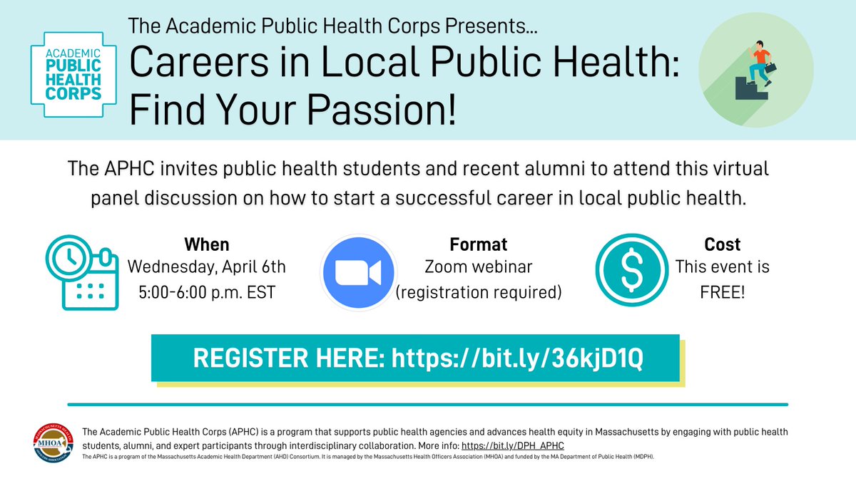 MCPHSMPH's tweet photo. Interested in a career in local public health? Public health students and alumni are invited to @aphc_ma's panel discussion: "Careers in Local Public Health: Find Your Passion!"

Register today at https://t.co/5qBFqRssmh! https://t.co/1khAoFOW7h