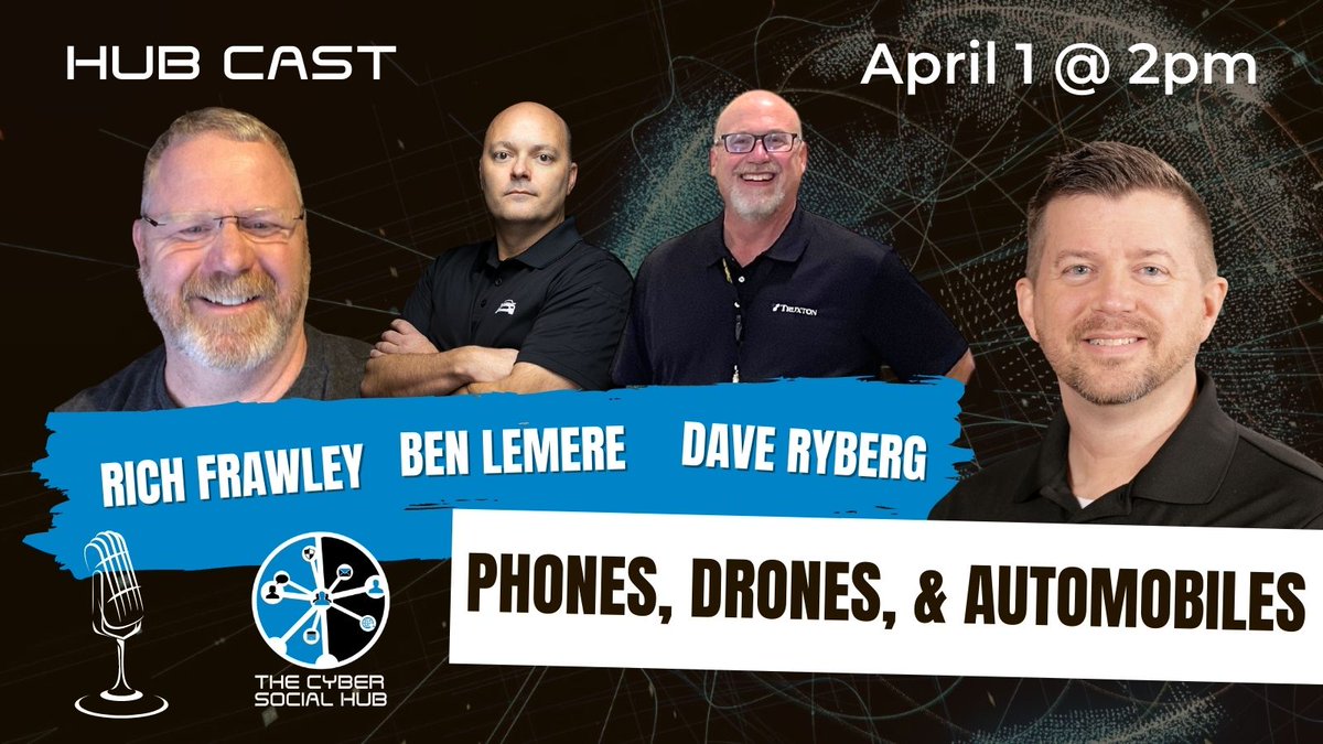 CyberSocialHub's tweet photo. Get started in digital forensics with Phones, Drones &amp; Automobiles. Join the Hub Cast as we chat with Rich Frawley, Ben LeMere, and Dave Ryberg about investigating these data sets. Subscribe to get notified when we go live! 
https://t.co/2OlDB4Jo9a #DFIR #Investigation https://t.co/YxvdwOaBFL
