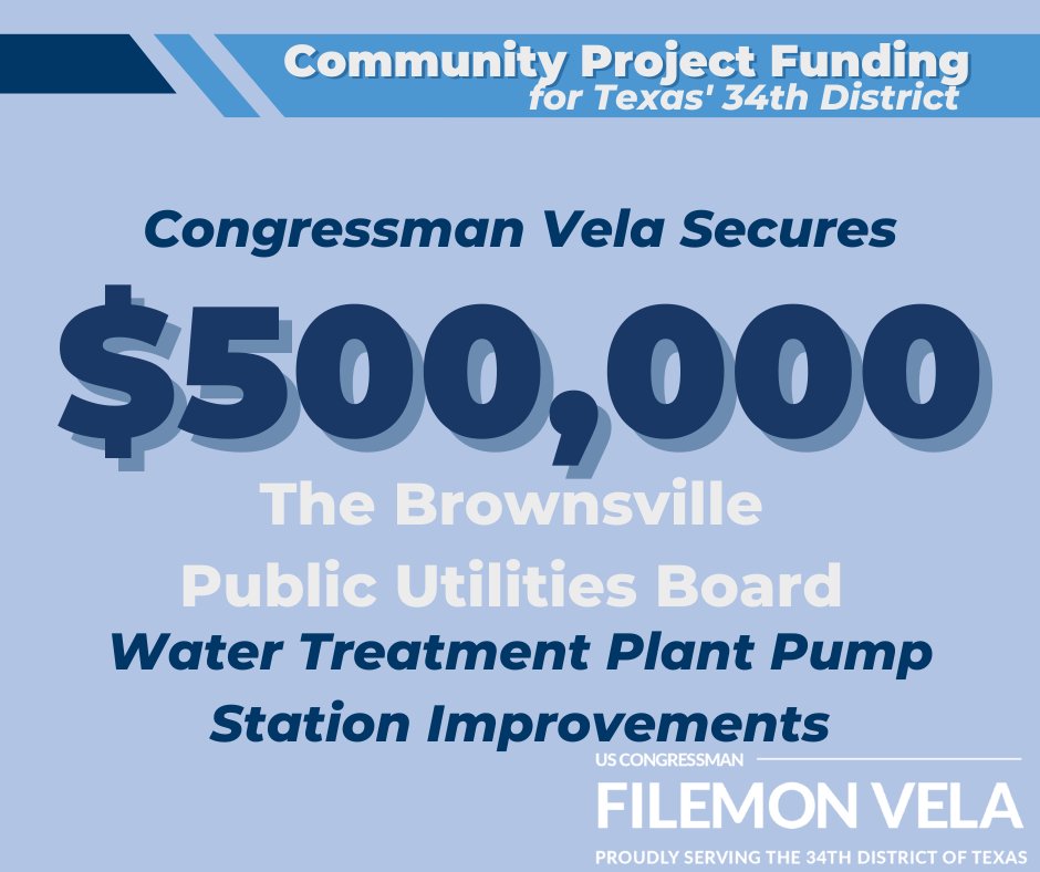 US Rep. Filemon Vela (@repfilemonvela) on Twitter photo In the FY2022 government funding package, I secured $500k for the @BPUB_Tweets for Water Treatment Plant Pump Station improvements. Funding will support improvements made to the BPUB Water Treatment Plant No. 1 which will help BPUB meet the distribution system demands. In the FY2022 government funding package, I secured $500k for the @BPUB_Tweets for Water Treatment Plant Pump Station improvements. Funding will support improvements made to the BPUB Water Treatment Plant No. 1 which will help BPUB meet the distribution system demands.