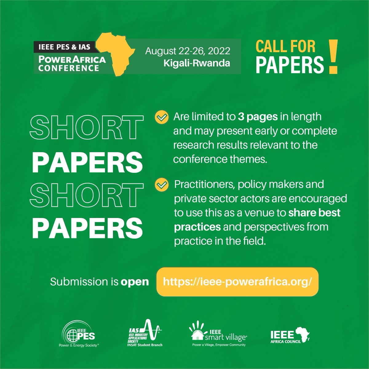 PowerAfrica22's tweet photo. Second type of paper submission is the Short Papers. This is our new addition welcoming practitioners to share their latest findings, experiences and perspectives on key thematic issues. For more information, check our website: https://t.co/uKScmz69nO https://t.co/tI5ieLApJ7