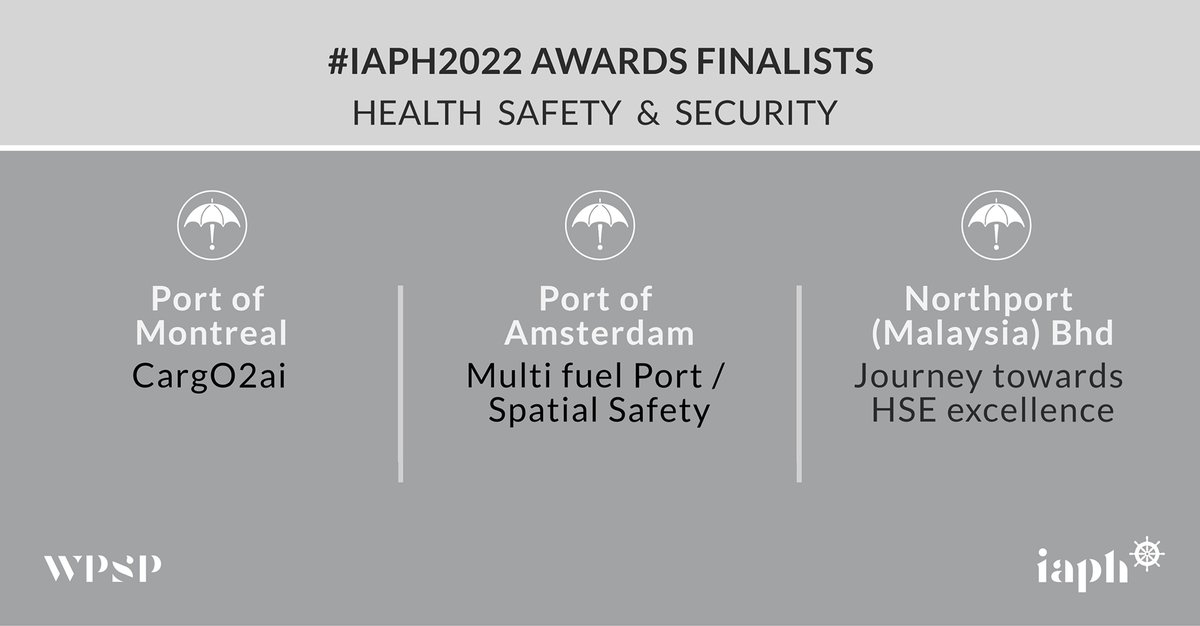 WPSP_IAPH's tweet photo. Here is a reminder about our #IAPH2022 Sustainability Award finalists in #HealthSafetySecurity, namely @PortMTL (https://t.co/lXnNYsuWvb), @PortofAmsterdam (https://t.co/BL4zg7zlfJ) and #NorthportMalaysia (https://t.co/v07tKVIXpA). Vote for them here : https://t.co/4D2sUlp2gQ https://t.co/KJoS6aGv5s