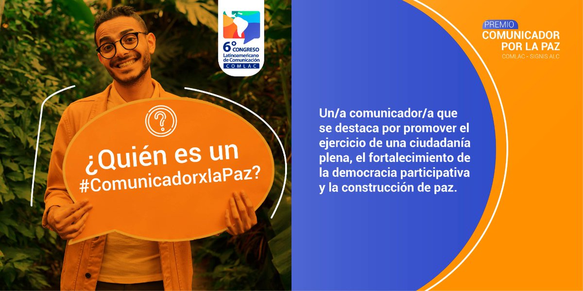 ComlacSignis's tweet photo. ¿Conoces a un/a comunicador/a que dedique su trabajo a la promoción de la paz? 

Haznos llegar su historia y postúlalo para ser galardonado como #ComunicadorxlaPaz 🕊 en el próximo Congreso Latinoamericano de Comunicación #Comlac6 

¿A quién postularías? https://t.co/UA33lJtKLX