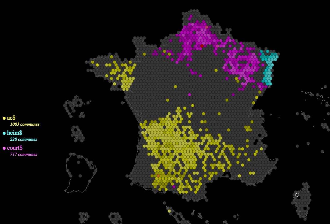 Géographie de la fin des noms de communes. Les villes se terminant par : 

🟡 – ac
🔵 – heim
🌸 – court

Grâce au génial outil développé par <a href="/badaseong/">SeeSchloss</a> ⬇️

ssz.fr/places/?fr#ac$…$