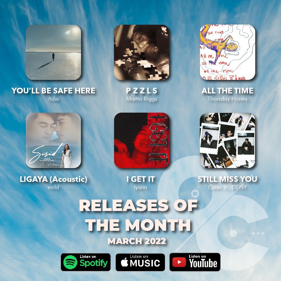 Here are all the #OCRecords March releases you should check out! 👌🏼 

You'll Be Safe Here - <a href="/Adadieee/">Adie</a> 
P Z Z L S - <a href="/MrMartinRiggs/">Martin Riggs</a> 
All The Time - <a href="/ThursdayHoney/">Thursday Honey</a> 
Ligaya (Acoustic) - <a href="/thisismrld/">mrld</a> 
I Get It - <a href="/IYANNcc/">IYANN</a> 
Still Miss You - <a href="/ceanjunior/">cean jr.</a> x DENȲ

STREAM!