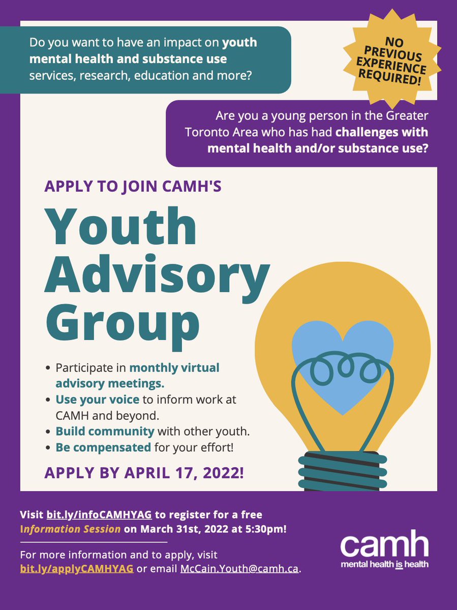 RSVP to join an info session tonight at 5:30pm about the <a href="/CAMHnews/">CAMH</a> Youth Advisory Group.

Advisors are #GTA #youth with lived experience of #mentalhealth and #substanceuse challenges who work together to inform service and systems change. 

camh.webex.com/camh/j.php?RGI…