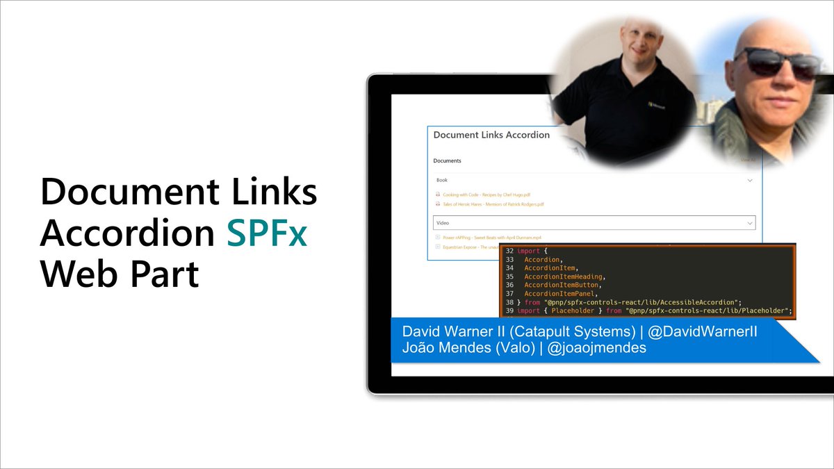 SharePoint's tweet image. 🤩 Great #Microsoft365Dev demo by @DavidWarnerII and @joaojmendes on building Document Links Accordion #SPFx Web Part

✔ End user experience
✔ Code coverage
✔ Uses #PnPjs, reusable controls and more 

Watch 📺 → msft.it/6013wmQZ5