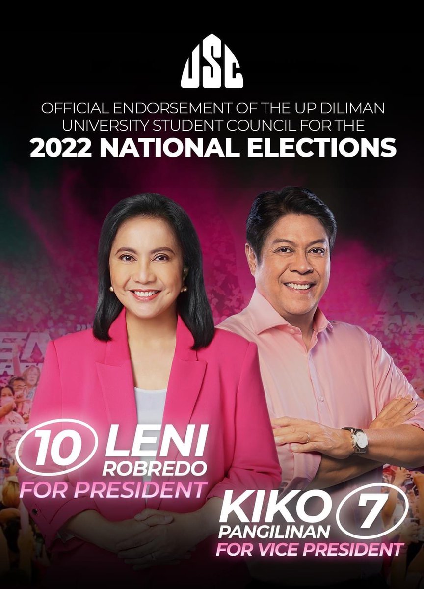 rapplerdotcom's tweet photo. The UP Diliman University Student Council endorses presidential bet VP Leni Robredo &amp; running mate Sen. Kiko Pangilinan. The endorsement is “premised on the broad desire to defeat the Marcos-Duterte alliance and on significant points of unities on people’s issues.” | @maracepeda https://t.co/fw76EytHuH