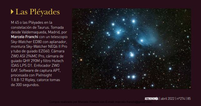 astroemocion's tweet photo. ¡¡Gracias a @astronomiamag por publicar mi imagen de las Pléyades en el número de abril!! ✨🔭

#pléyades #astronomia #astronomía #astrofotografia #astrofotografía #m45 #tauro #skywatcher #ed80 #zwoasi #asi294mc #zwoeaf #apt #pixinsight https://t.co/9fbRg29HuW
