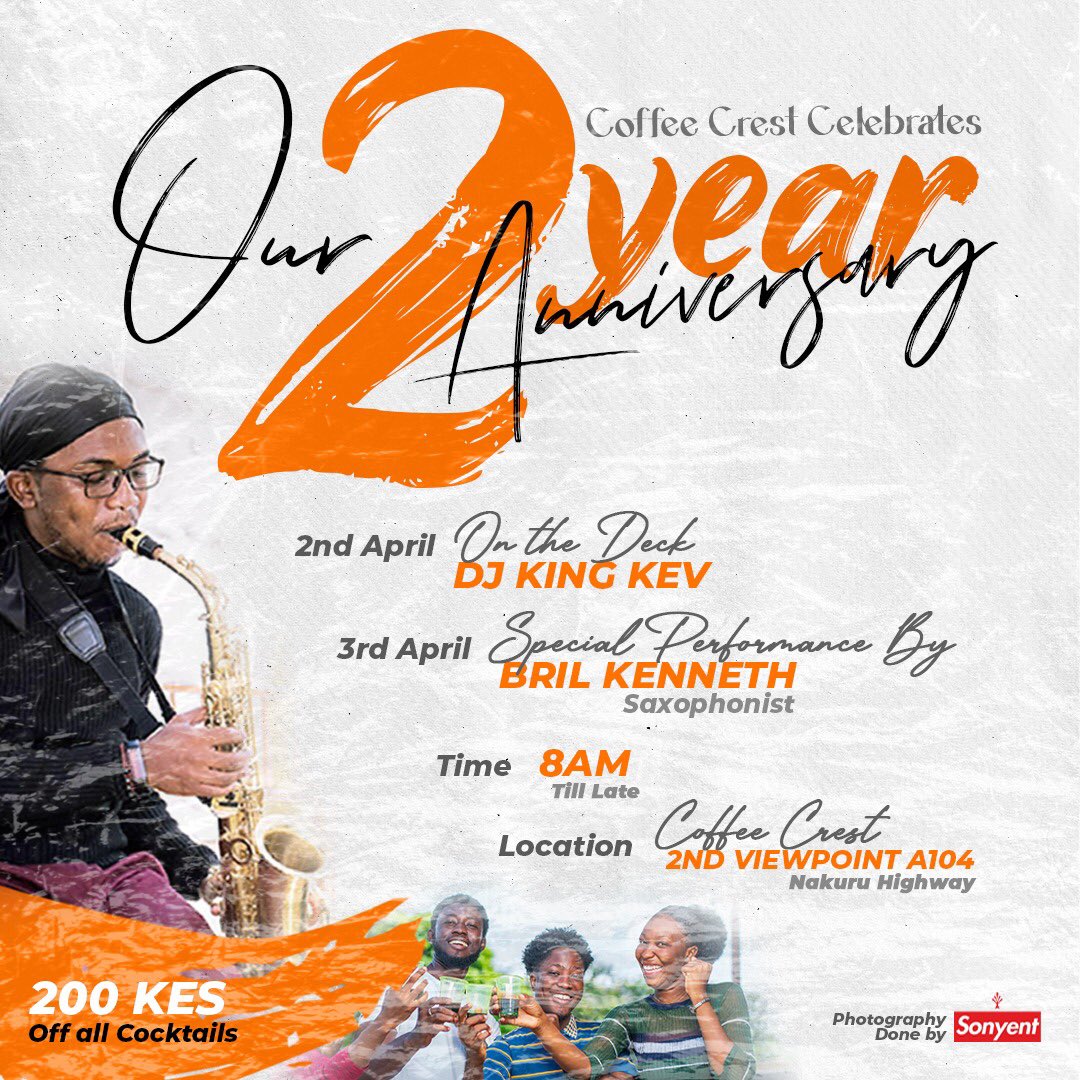 DjKingKev's tweet image. We kick off the month celebrating @coffeecrest_ke 2 year anniversary 💥 special performance by @bril_kenneth on Sunday, photography by @sonyent major vibes guaranteed.  #tembeakenya 
#April