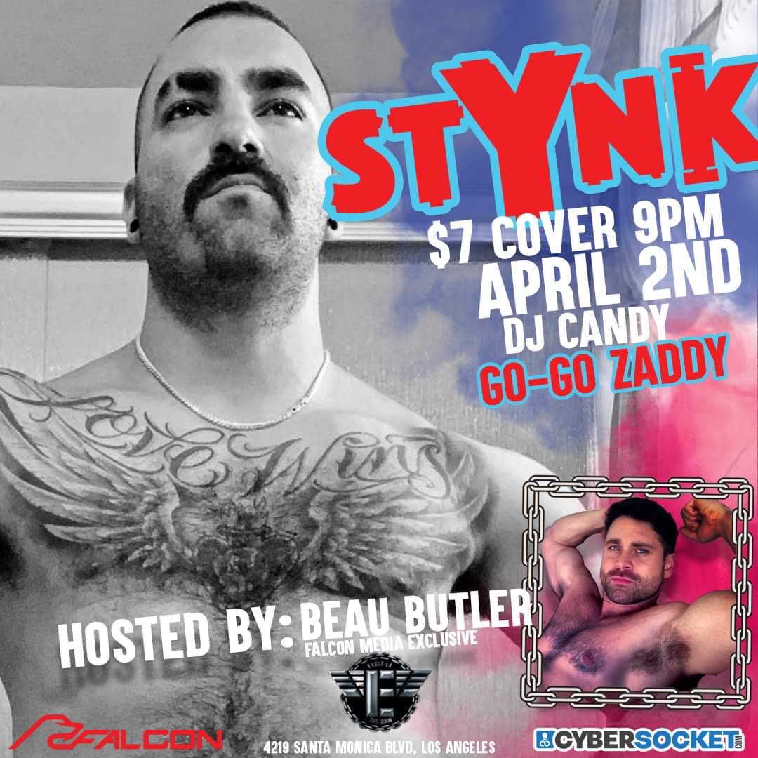 EagleLAOfficial's tweet photo. STYNK is back Saturday April 2nd with SPECIAL GUEST Falcon Media Exclusive @BeauButlerXXX.  

9pm @EagleLAOfficial with DJ Candy 

Can you smell it?
@LACigarDad #STYNK https://t.co/LQvkwCQWoI