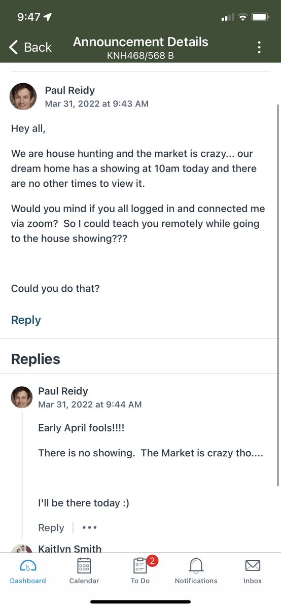CBabcock13's tweet photo. My professors April Fool’s joke 🤦🏼♀️😆 jokes oh him though, I was already in the building so I would’ve just sat in our empty classroom anyway. #earlyAprilfools #myprofessorthinkshesfunny https://t.co/7TxXkSdl56