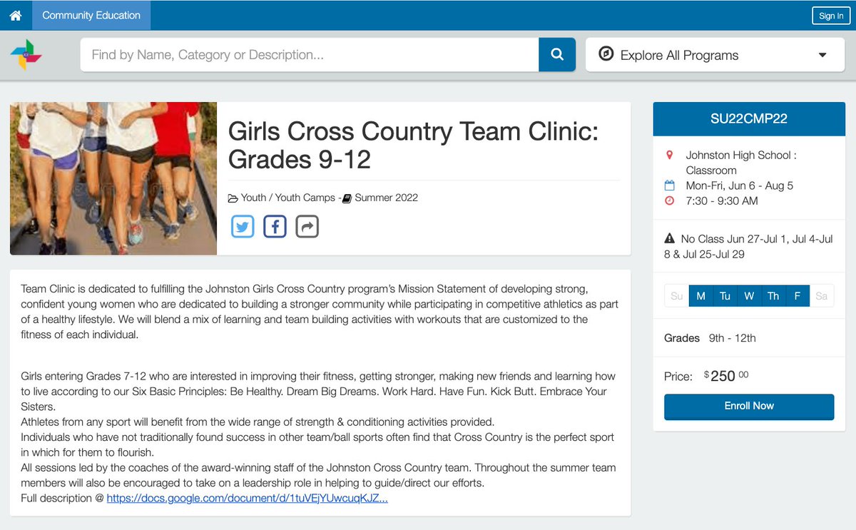 JCSD_GirlsXCTF's tweet image. 📣📣📣🚨🚨🚨👇👇👇
WHAT: High School Cross Country Team Clinic
WHO: all JCSD 🐉9th-12th Grade girls
WHY: Get 🏃‍♀️💨 &amp;amp; 💪; 🐝w/ friends; make new ones
WHEN: M-F; 7:30-9:30 AM; 6 weeks!!
WHERE: JHS
HOW: 👇👇👇Scholarships &amp;amp; funding available!!!
johnston.ce.eleyo.com/course/2480/su…