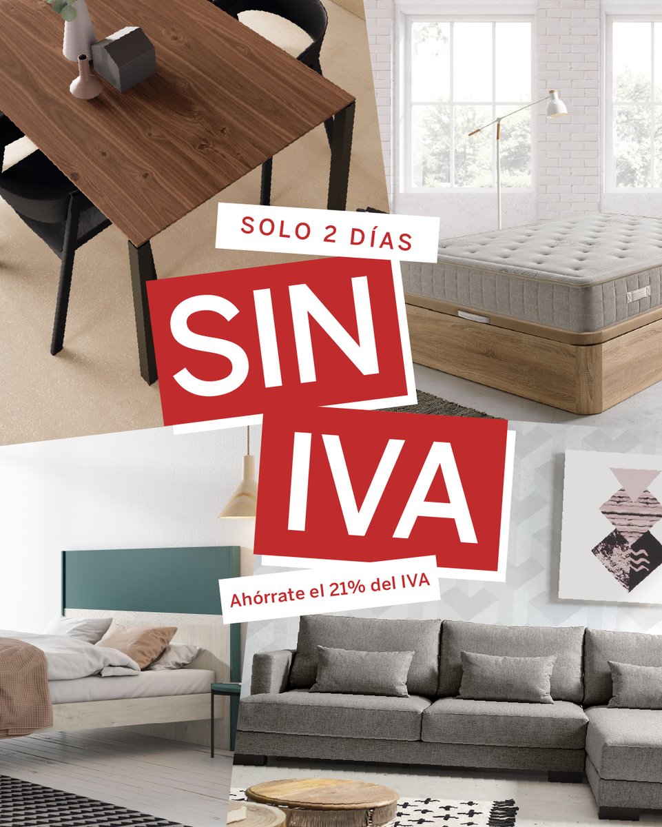 DÍA SIN IVA 🏷
Ahórrate el 21% de IVA de toda la compra en tiendas y página web.

✨ Del viernes 8 al sábado 9 tiendas. 
✨ Y hasta el domingo 10 en muebleslafabrica.com


#promocion #siniva #descuento #muebles #oferta #diasiniva #mobiliario