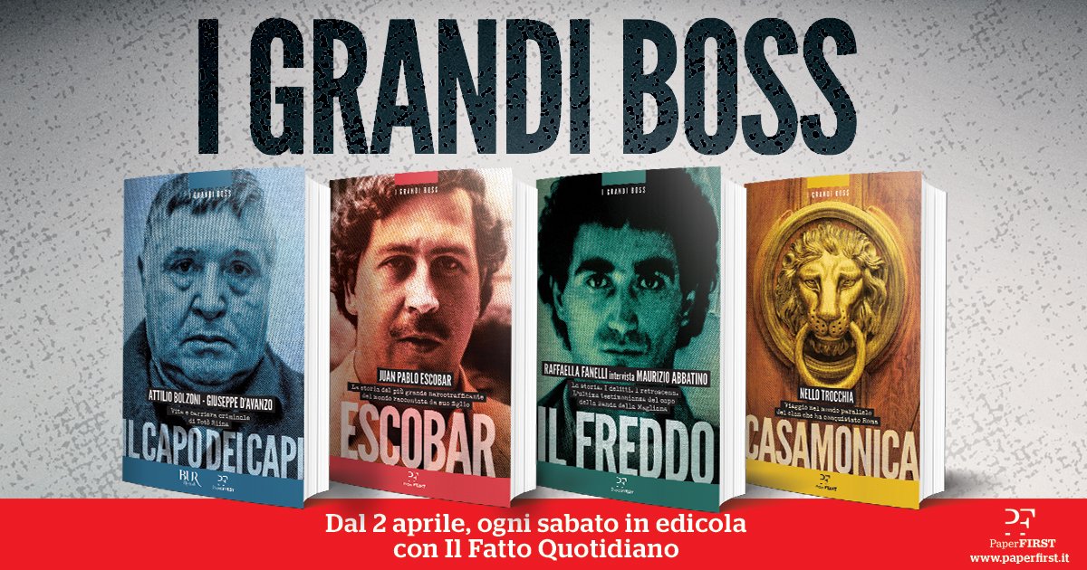 PaperFirst's tweet photo. Da sabato 2 aprile debutta in edicola col @fattoquotidiano la nuova serie “I grandi boss. Vite e carriere criminali scritte dalle grandi firme del giornalismo italiano”. #TotòRiina, #PabloEscobar, #ilFreddo, i #Casamonica: ogni sabato a 9,90 euro.
https://t.co/1m8ZtaOWxN https://t.co/D7ksaOpgAJ