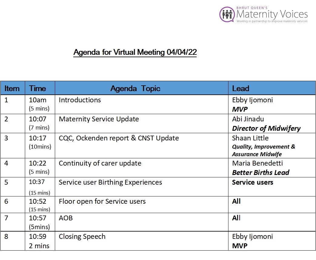 MVP_Queens's tweet photo. Good day everyone,

We have a few days left before our virtual MVP meeting. Below is the agenda of the meeting. Please feel free to come along and share your views and updates on the BHRUT Queens Maternity service.
Click https://t.co/y0hH02p4qV to start or join a scheduled Zoom https://t.co/8D0DdClTQF