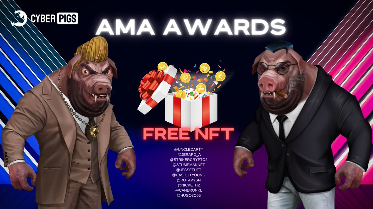 Don't worry, we haven't forgotten about our AMA Winners! 👏

Congratulations🎉
<a href="/UncleDarty/">UncleDarty.eth</a> 
@jerard_a
@StrikerCrypto2  
<a href="/StumpmanNFT/">Stumpman</a> 
<a href="/jessetutt/">Jesse Tutt | SEO & WEB DESIGN</a> 
<a href="/Cash_ItYoung/">Cashityoung</a> 
<a href="/RutaVysn/">Ruta</a> 
<a href="/Nicketh2/">Nick2.eth</a> 
@CanerONKL 
<a href="/Hugo3o55/">CryptoDRUNK</a> 

📩Please DM your wallet address so we can send you a Cyberpig NFT