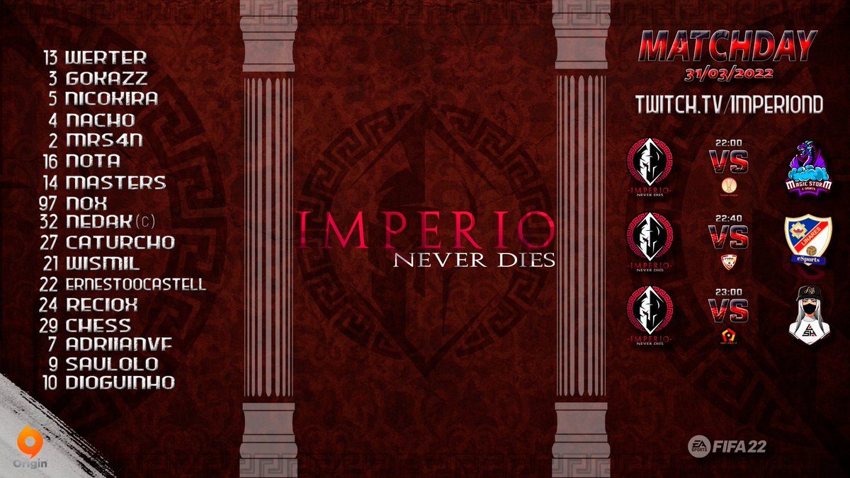 IMPERIO_nd's tweet photo. โฝ๏ธ MATCHDAY #FIFA22
๐ Europa League @proleaguede
๐ #MagicStorm
๐ 22:00h
๐ @FVPA_ESP
๐ @LinaresEsports
๐ฅ 22:40h
๐ La Copa 1/4 @Proleague_Spain
๐ @LaShavaleriia
๐ฅ 23:00h
๐บ https://t.co/ObTyVSUSMl https://t.co/Sg3yPJeJ0P