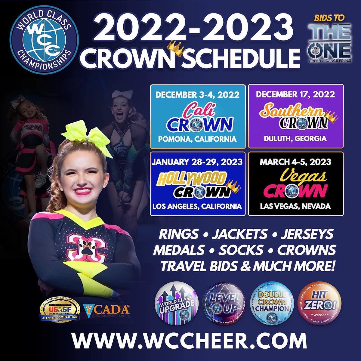 Wccheer's tweet photo. Save the dates for the 2022-2023 World Class Championships! 

#wccheer https://t.co/6NLexHoyGK