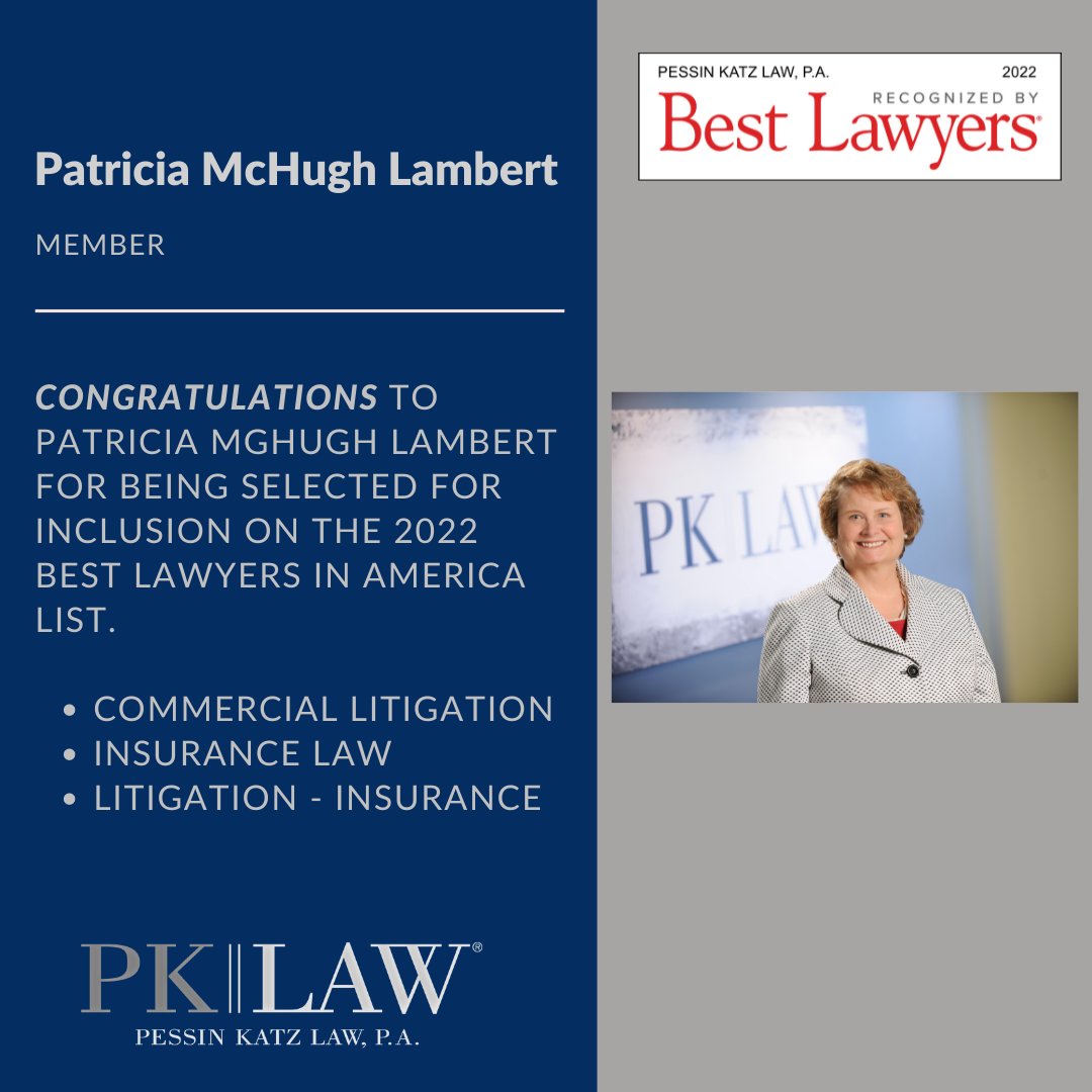 PessinKatzLaw's tweet photo. Congratulations to PK Law Member Patricia McHugh Lambert for being named to the 2022 Best Lawyers in America List!
Patricia is part of the firms General Litigation Group.
#BestLawyers #LawFirm #Congratulations #GeneralLitigation #PKLaw #ExpectMore https://t.co/BYSgBKXl9L