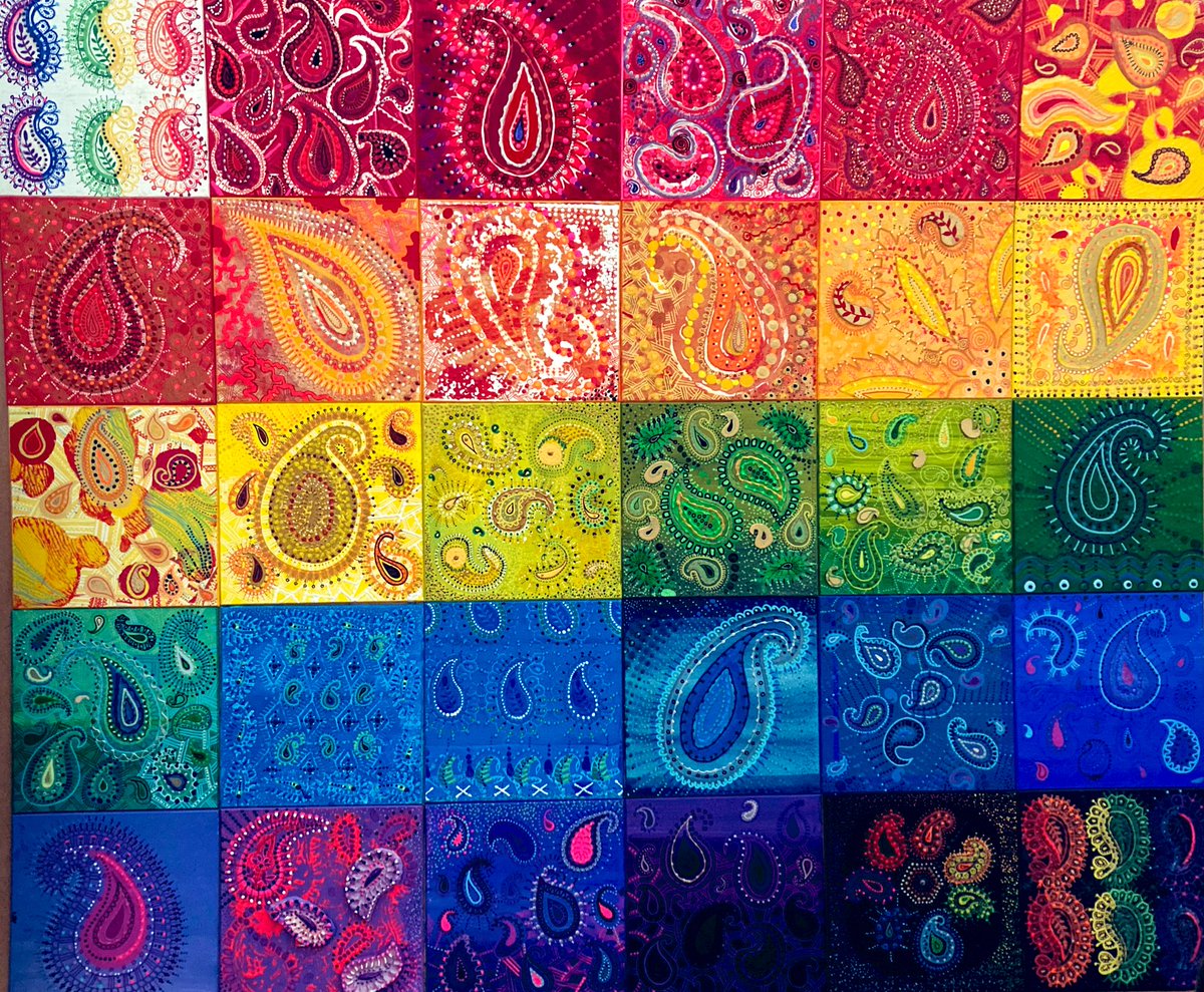 artmarcollage's tweet photo. A riot of of #Paisley patterns in a riot of rainbow colours. Primary colours prevail in the individual panels . Painted with acrylic paints, acrylic pens and textured with relief glass paint. #Paint #art #rainbow #texture #pattern #colour #thevisualelements https://t.co/yZbDJBQNes