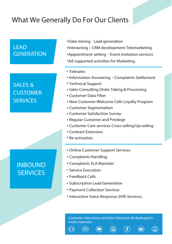 We generate results through transforming business process and ensure services value excellence to meet your client needs.

#bposervices #bposolutions #outsourcedservices #callcenters