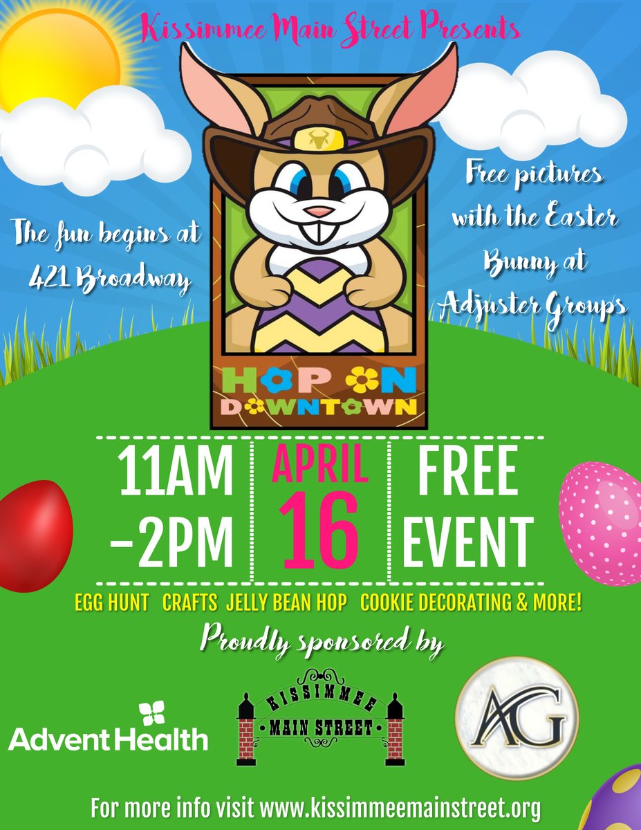 We are preparing a great event for you and your family to enjoy!
Saturday, April 16 come to Kissimmee For Our Hop On Downtown Event !
Egg Hunts…. Yes MANY!
Easter Bunny…. For sure!
 and much more…
Thank You to all our sponsors!
