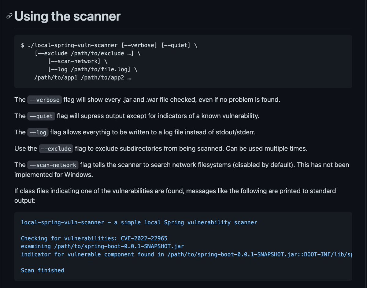 cyb3rops's tweet image. Local Spring Vulnerability Scanner
a scanner by @_hillu
that scans locally for instances vulnerable to #Spring4Shell
github.com/hillu/local-sp…