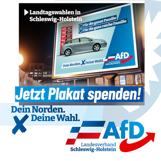 Am 8. Mai wird in Schleswig-Holstein gewählt. Es sind nur noch 3 Tage Zeit, um mit einer Plakatspende die Themen der #AfD sichtbar an die Wähler zu bringen. Jetzt oder nie! Spenden Sie ein Großplakat bis spätestens 3. April 2022 unter afd-sh.de/plakatspende/.