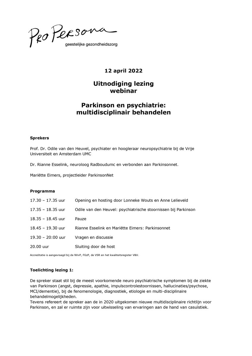 propersonaggz's tweet photo. 12 april webinar: Parkinson en psychiatrie

Wees welkom op het webinar over Parkinson en psychiatrie: multidisciplinair behandelen.

Deelname aan deze avond is volledig gratis. Aanmelden is verplicht.
Registreer via deze link: https://t.co/TcLIFRFt35 https://t.co/dPs7UAPXIr
