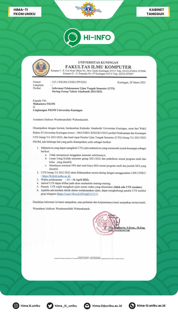 hima_ti_uniku's tweet photo. [HI-INFO]
.
.
.
Informasi Pelaksanaan UTS Daring Genap TA 2021/2022
.
.
.
#himati
#himatifkomuniku
#kabinettangguh
#periode2022_2023 https://t.co/sGvm1ZsW0F