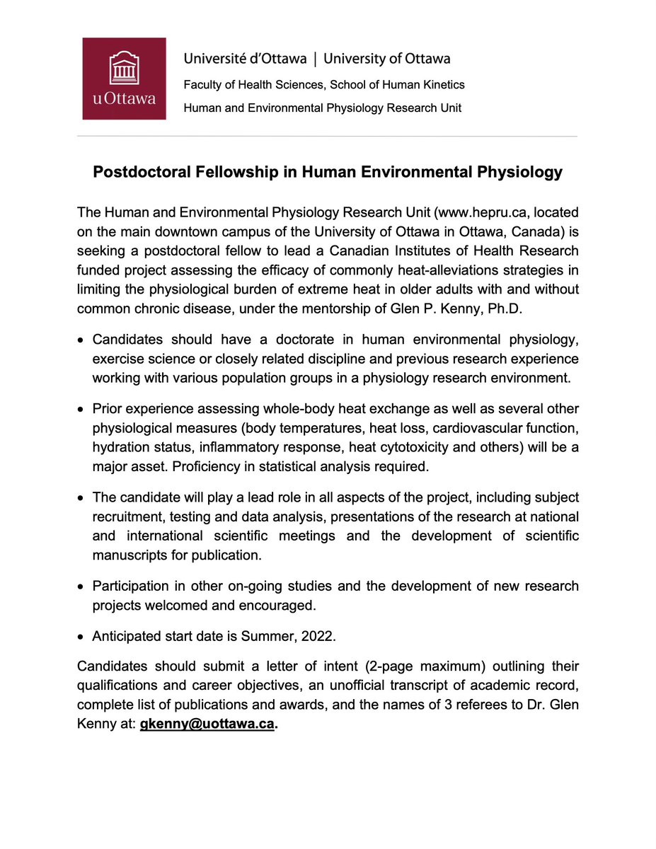We’re hiring! Looking for a postdoctoral fellow to work on a <a href="/CIHR_IRSC/">CIHR</a> funded project assessing heat mitigation strategies during full-day heat exposures 🥵☀️ see details below 👇🏻