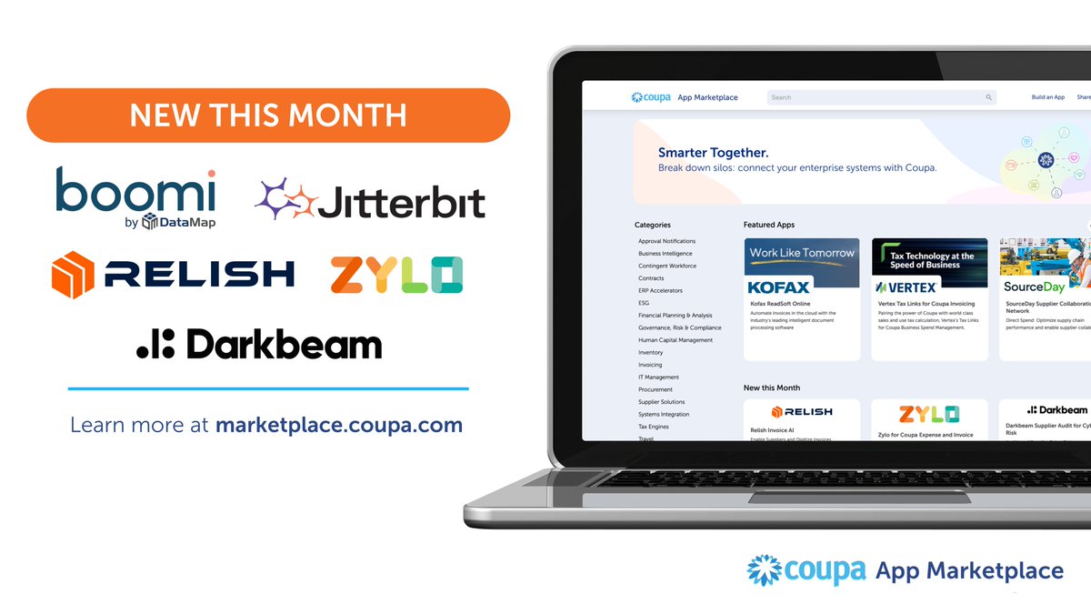 CoupaPartners's tweet photo. The @Coupa #AppMarketplace is growing! Check out the March #NewApps from #CoupaLink partners @boomi @jitterbit @relishiq @getzylo @darkbeamtweets by visiting https://t.co/NkSotFHmaG #apps #store #coupa #marketplace #connected https://t.co/BFSKziisG8