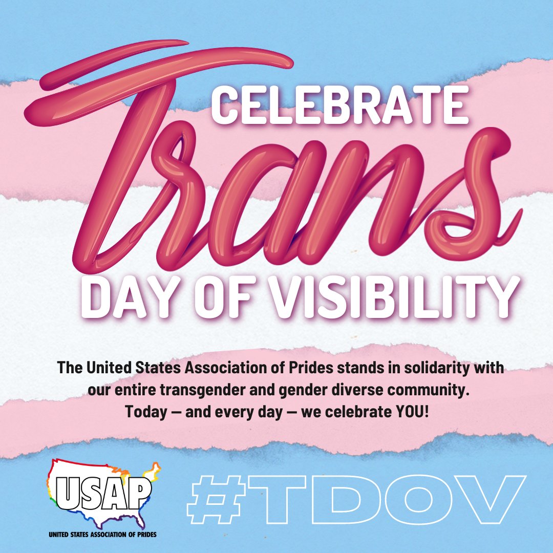 usaprides's tweet photo. Celebrate Trans Day of Visibility! The U.S. Association of Prides stands in solidarity with our entire transgender and gender diverse community. Today — and every day — we celebrate YOU! Learn more and take action via @Trans_Week at https://t.co/1tf6wuRFjQ https://t.co/VW4U7O3ofk