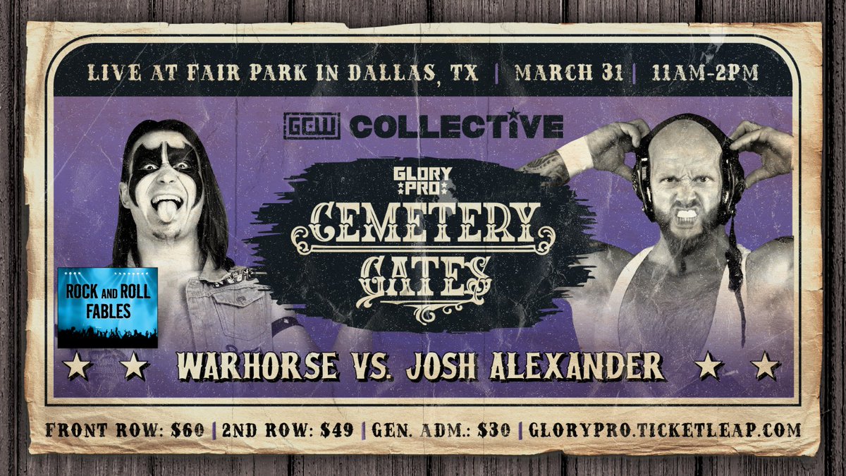 RNRFables's tweet image. But back to us! We're helping to bring you the #WarlordOfTheWasteland, @_theyaremax_, who will take on @JakeSomething_ and then we've also got @Walking_Weapon vs @JPWARHORSE! @WeAreGloryPro TODAY! Live in Dallas and streaming on @indiewrestling! #WeAreGloryPro #RNRF