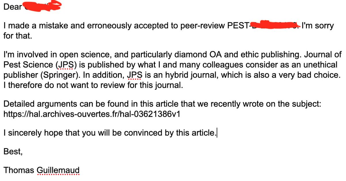 Thomas Guillemaud (@thomasguillem) on Twitter photo not ok to peer-review for hybrid journals published by dominant for profit publishers.
Detailed arguments can be found in this article that we recently wrote on the subject: hal.archives-ouvertes.fr/hal-03621386v1
<a href="/PeerCommunityIn/">Peer Community In</a> not ok to peer-review for hybrid journals published by dominant for profit publishers.
Detailed arguments can be found in this article that we recently wrote on the subject: hal.archives-ouvertes.fr/hal-03621386v1
<a href="/PeerCommunityIn/">Peer Community In</a>