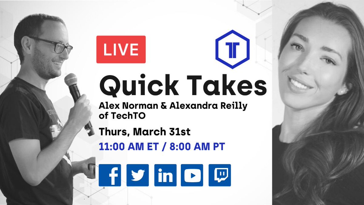 TechTO (@techto) on Twitter photo Going LIVE at 11am ET / 8am PT with <a href="/alexandernorman/">Alexander Norman</a> and <a href="/Miss_AReilly/">Alexandra Reilly</a> for another edition of #QuickTakes.
Catch up on the latest trends, news and analysis from across the Canadian Tech Ecosystem. LIVESTREAMING on our Facebook, Twitter and LinkedIn!
#TechNews #CanadianTech Going LIVE at 11am ET / 8am PT with <a href="/alexandernorman/">Alexander Norman</a> and <a href="/Miss_AReilly/">Alexandra Reilly</a> for another edition of #QuickTakes.
Catch up on the latest trends, news and analysis from across the Canadian Tech Ecosystem. LIVESTREAMING on our Facebook, Twitter and LinkedIn!
#TechNews #CanadianTech