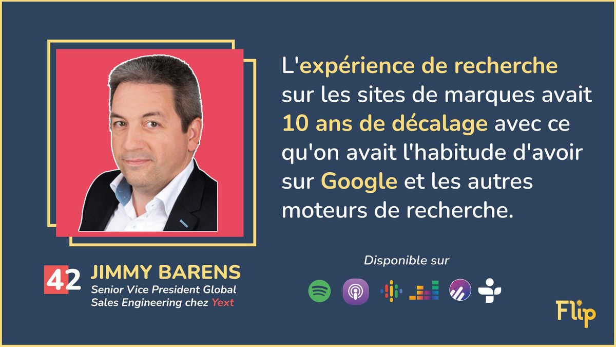 [#Podcast 🎧] Comment rendre l'expérience de recherche d'un site Web aussi performant que Google ? 

🎙️ Conversation avec Jimmy Barens de <a href="/yext/">Yext</a> !

🎧 Bonne écoute 👉bit.ly/3DpDmtk via <a href="/FliplePodcast/">Flip le Podcast</a> 

#Search #SEO #UX #Amazon #Google