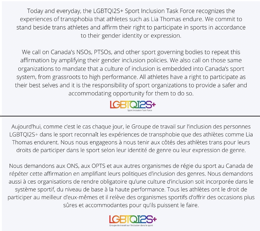 We believe that sport is a human right. See the SITF’s statement below on #TransgenderDayofVisibility 🏳️‍⚧️// Nous croyons que le sport est un droit humain. Voir la déclaration du groups de travail sur l’inclusion ci-dessous sur #journéedevisibilitétransgenre 🏳️‍⚧️