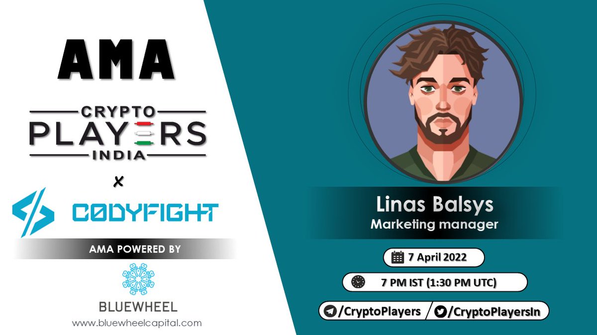 cryptoplayersin's tweet photo. 📣CryptoPlayers will host AMA with "CodyFight"

🔋Powered by 
@BluewheelC
 
⏳07 April, 7 PM IST (1:30 PM UTC)
💰$100 USDT
⚓️https://t.co/6ZOXFquhMT

Rules:
- 1 question per account with #CryptoPlayersIn hashtag
- Like, RT, Follow 
@codyfight &amp; 
@BluewheelC
 - Tag 2 friends https://t.co/HRktbHHYjL