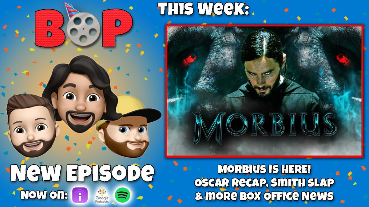 boxofficeparty's tweet photo. New Episode!

- New Release: #Morbius 
- #TheSlap
- #Netflix Just Can't Win
- #BruceWillis Retirement
- And much more!

https://t.co/oZnfWn4x5I https://t.co/SrX81hZDUv