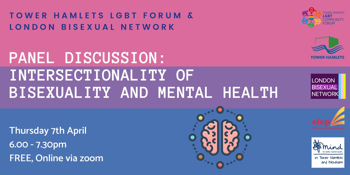 📢UPCOMING EVENT📢
Panel Discussion: Intersectionality of Bisexuality &amp; Mental Health 
Thursday 7th April at 6pm! 
We will be joined by <a href="/BisexualNetwork/">London Bi Network</a> and @MindITHN and <a href="/ELOP_LGBT/">🏳️‍🌈elop LGBT mental health and wellbeing</a> 
Come along to be part of the conversation! 
Register for free here: eventbrite.co.uk/e/298774641997