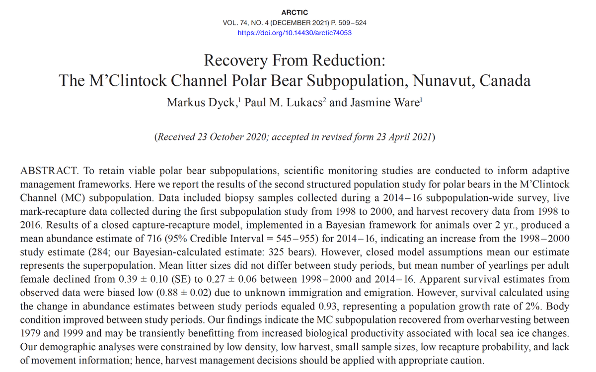 New polar bear paper shows population recovery from severe over-harvest over 18 years by growing at 2%. Project led by Markus Dyck who died in a helicopter crash last year: he made a difference &amp; is missed.