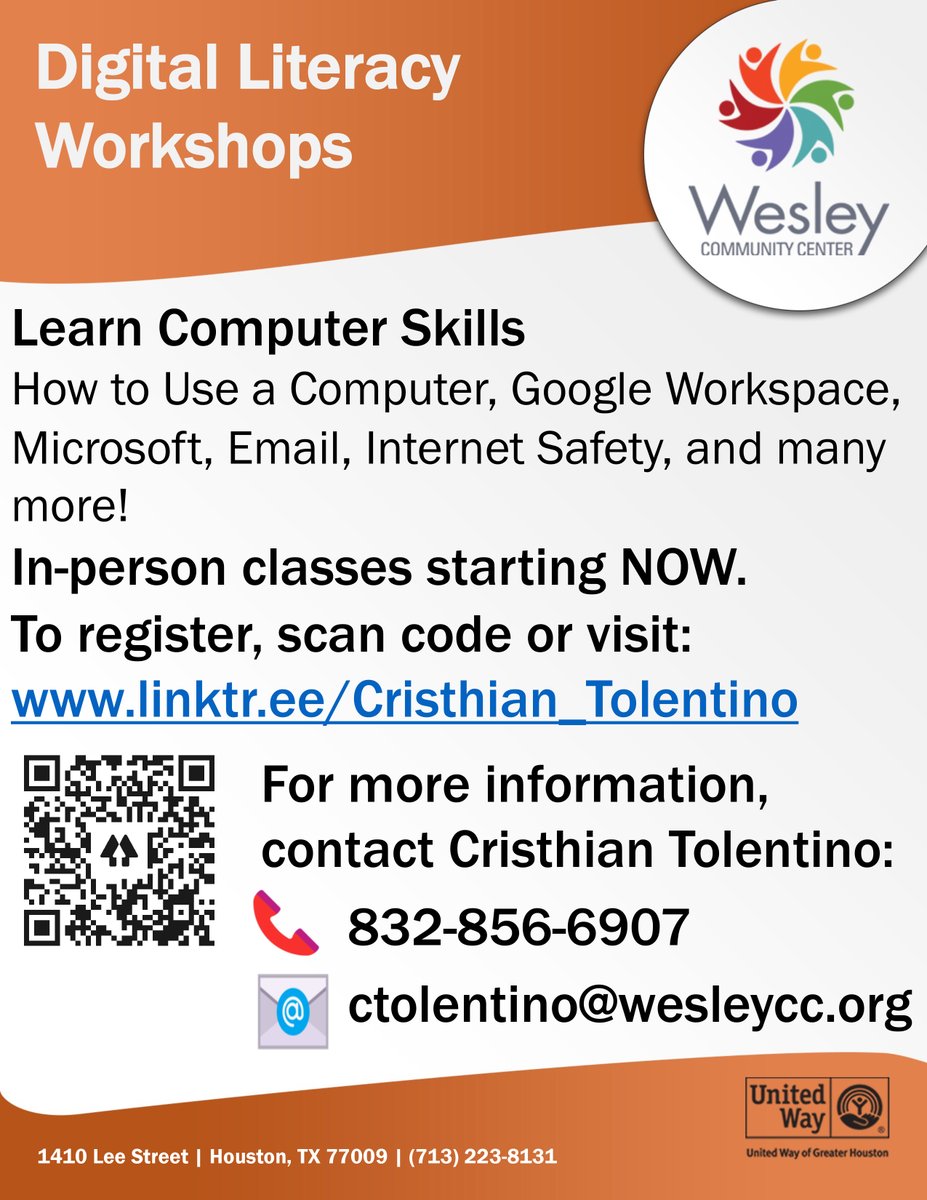 Have you heard about the computer classes we are offering? Learn how to use a computer, google workspace, Microsoft, email, internet safety, &amp; more than this is for you. In-person classes starting NOW. To register visit linktr.ee/Cristhian_Tole…. #WesleyEmpowers #computers