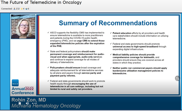 #NCCN2022 summary of recommendations on #Telemedicine in #Oncology presented by Dr. Robin Zon. @NCCN Annual Conference. @TravisOsterman @AmyeTevaarwerk1 @UWCarbone