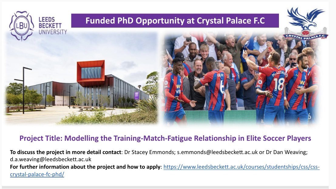 Cédric Leduc (@cleduc13) on Twitter photo ⚽️Funded Ph.D. opportunity ⚽️
❓Topic: Fatigue monitoring in elite #soccer players
👥With: <a href="/Carnegie_Sport/">Carnegie School of Sport</a> and <a href="/CPFC/">Crystal Palace F.C.</a>
🗓 Closing date: 18.04.22
🔗Application: bit.ly/PhdCPFC ⚽️Funded Ph.D. opportunity ⚽️
❓Topic: Fatigue monitoring in elite #soccer players
👥With: <a href="/Carnegie_Sport/">Carnegie School of Sport</a> and <a href="/CPFC/">Crystal Palace F.C.</a>
🗓 Closing date: 18.04.22
🔗Application: bit.ly/PhdCPFC