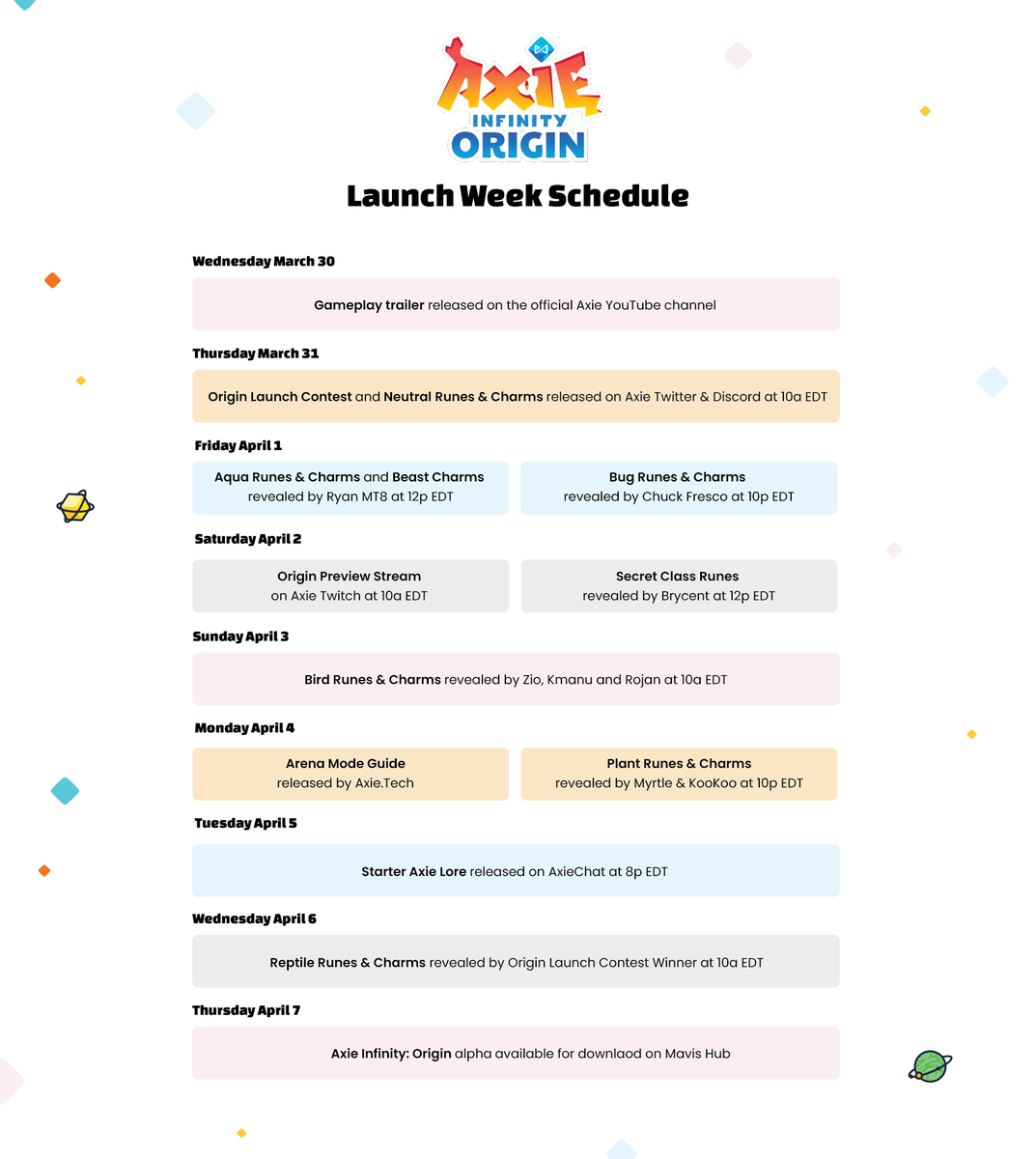AxieChile's tweet photo. Este es el calendario de esta semana de anuncios de #Origin 🗓️

El día de hoy se anunciaron las runas "Contest and Neutral &amp; Charms" en el twitter de @AxieInfinity 🚀 

🎮#AxieInfinity
🎓#AxieScholarship https://t.co/6eNICZV3fw