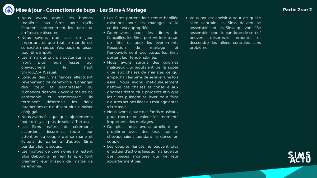 SimsActu_'s tweet photo. Une toute nouvelle mise à jour est sortie aujourd'hui pour Les #Sims4, elle corrige la majorité des bugs du pack de jeu Les Sims 4 Mariage ! Vous pouvez retrouver l'ensemble du patch note en français sur ces 2 images !

#ims #LesSims #TheSims https://t.co/HP2pb8qV4u
