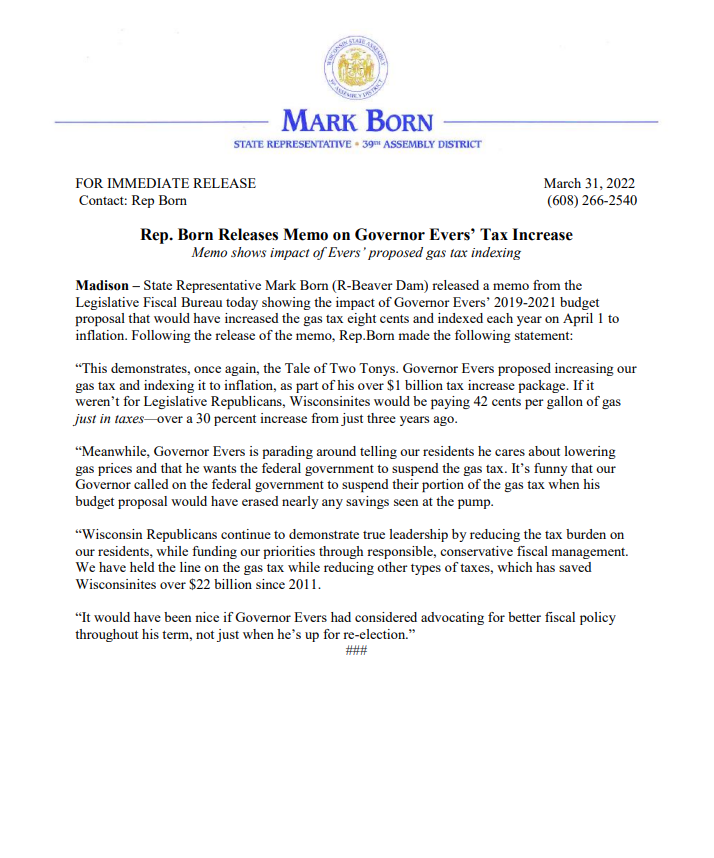 repborn's tweet photo. Under @GovEvers tax increase, Wisconsinites would be paying over 30% more at the pump just in taxes than they were only 3 years ago. Meanwhile, he’s trying to tell residents that he cares about lowering gas prices and that he wants the federal government to suspend the gas tax. https://t.co/ZzWB0Xg6iD